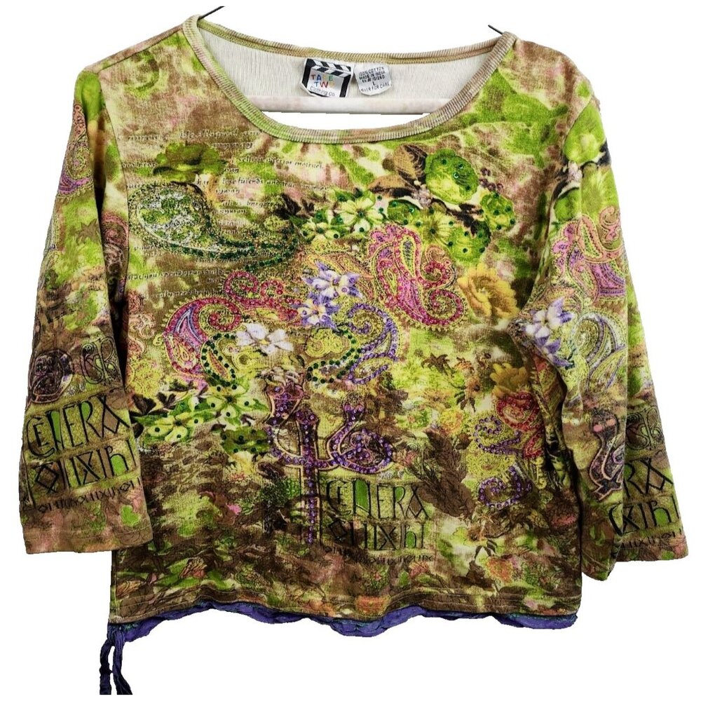 VTG Y2K Take‎ Two Womens Crop Top Small Green Paisley Beaded 3/4 Sleeve Artsy